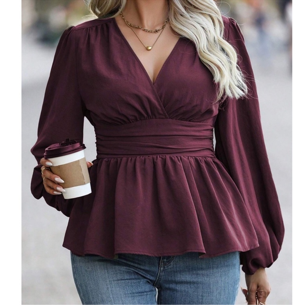 Bohemian Ruffle Hem Solid Long Sleeve Blouse XS S M L XL XXL